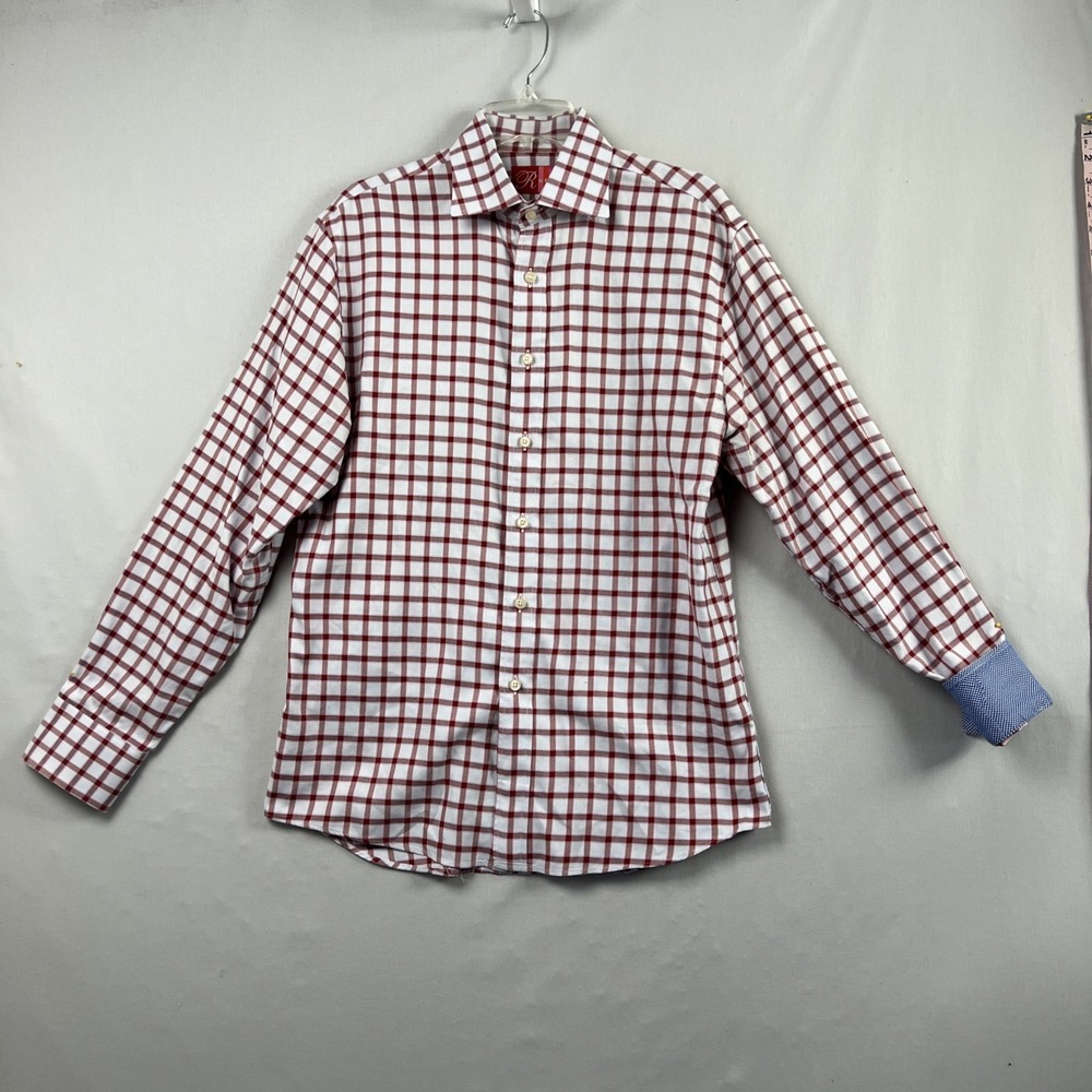 Rufus Dress Shirt Men Medium Flip Cuff Plaid Button Up Red Business Casual Cotto
